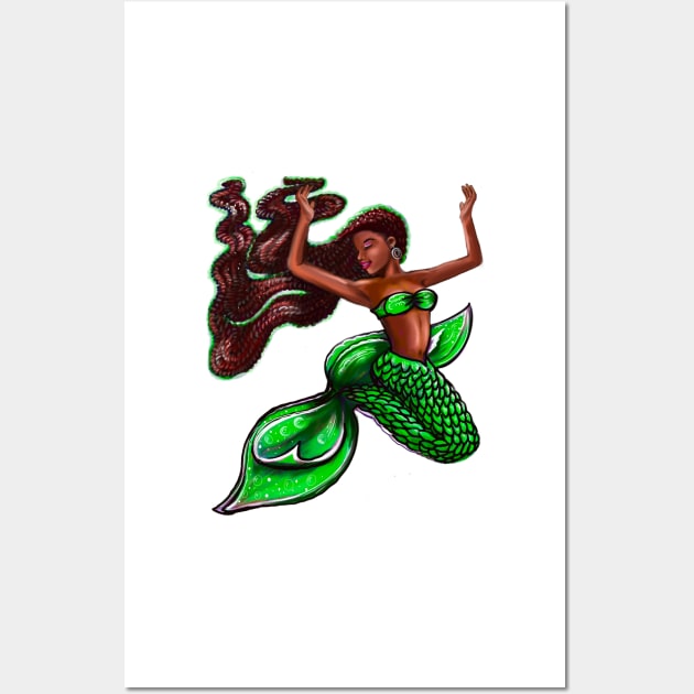 Black mermaid with rainbow fins, red locs Afro hair and brown skin. African American Mermaids Wall Art by Artonmytee